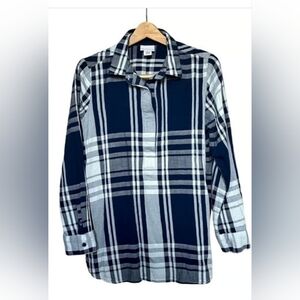 Womens Liz Claiborne Navy & White Plaid Shirt Pull Over Long Sleeve Button Sz M